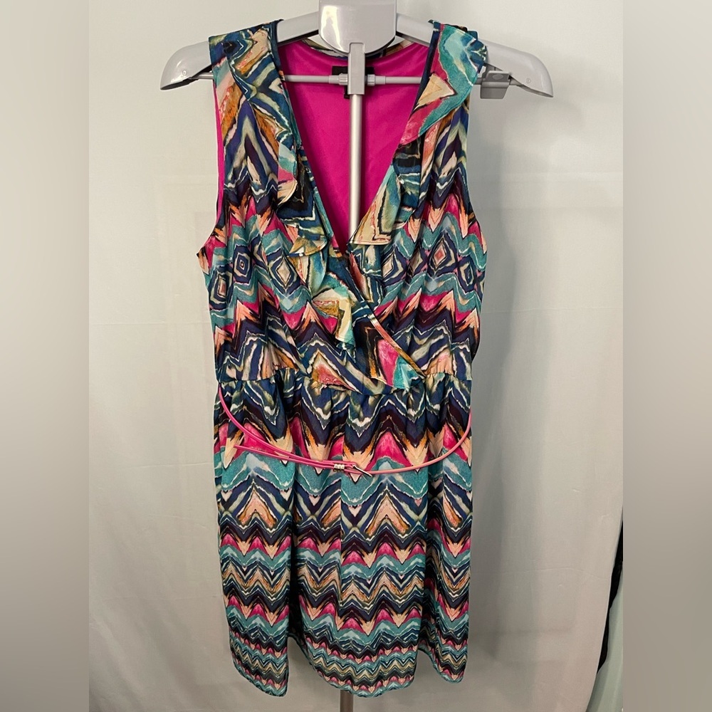 AB Studio‎ Geometric Ikat Ruffle Dress Women XL Multicolor Belted Sleeveless